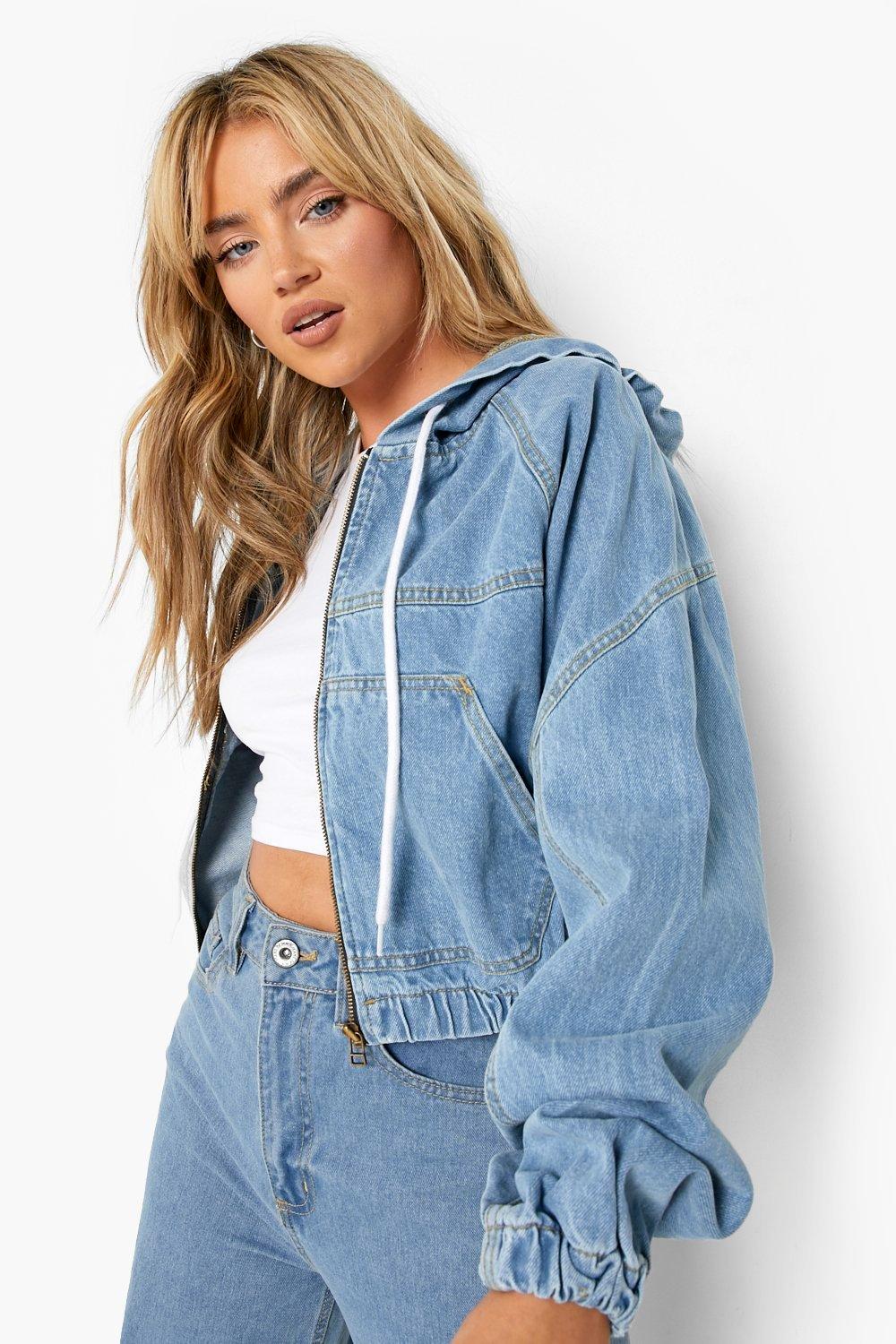 Cropped denim hotsell jacket with hood